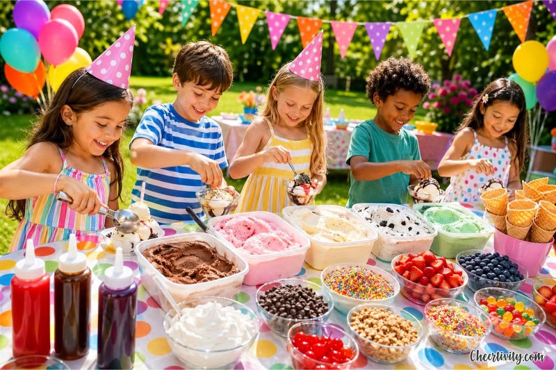 Children making ice cream sundaes at a colorful outdoor party table with various toppings and decorations.