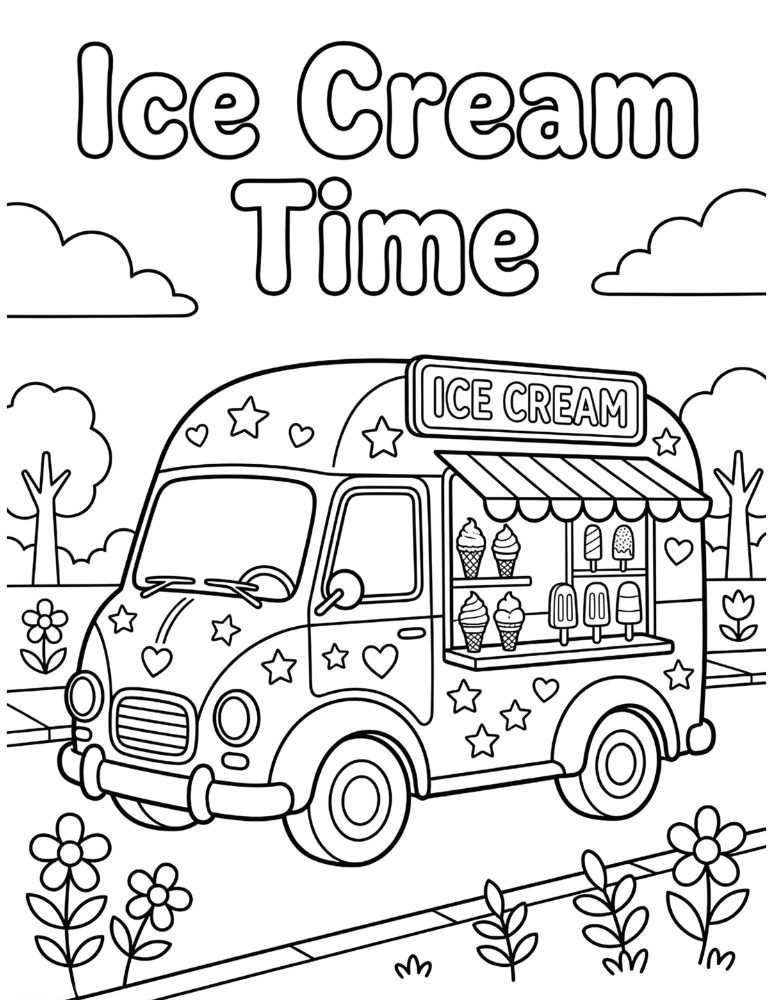 Cute vintage ice cream truck with ice cream cones and popsicles surrounded by summer decorations