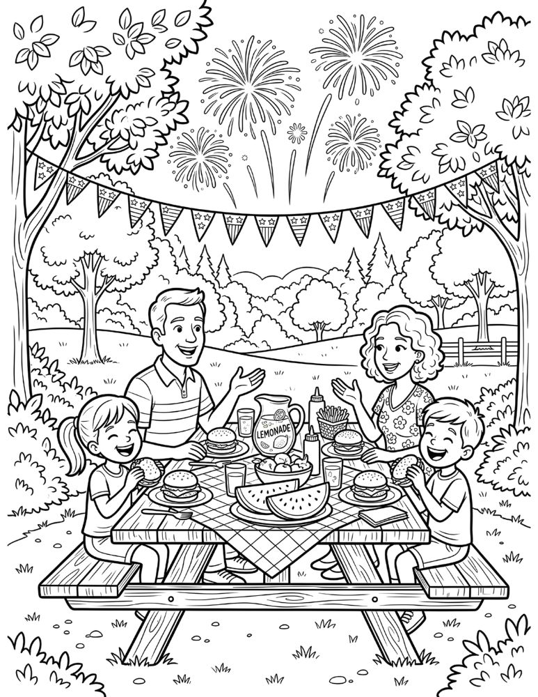 Black and white coloring page with picnic table, burgers, watermelon, lemonade, flags, and summer holiday scene.