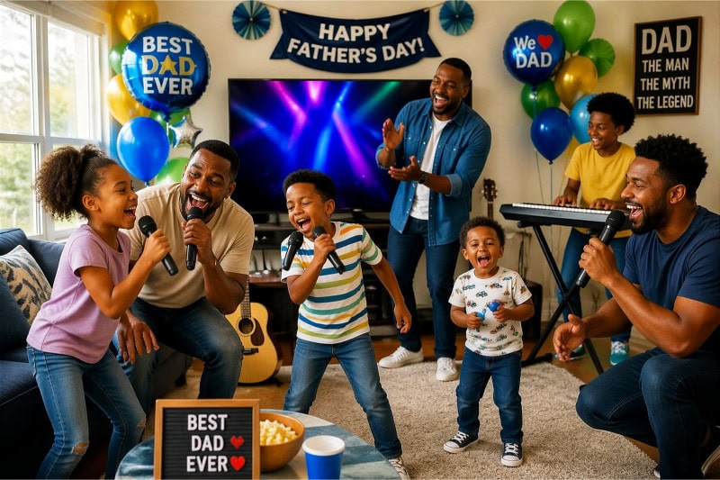 A father and two children singing and having fun together in a living room during a karaoke activity.