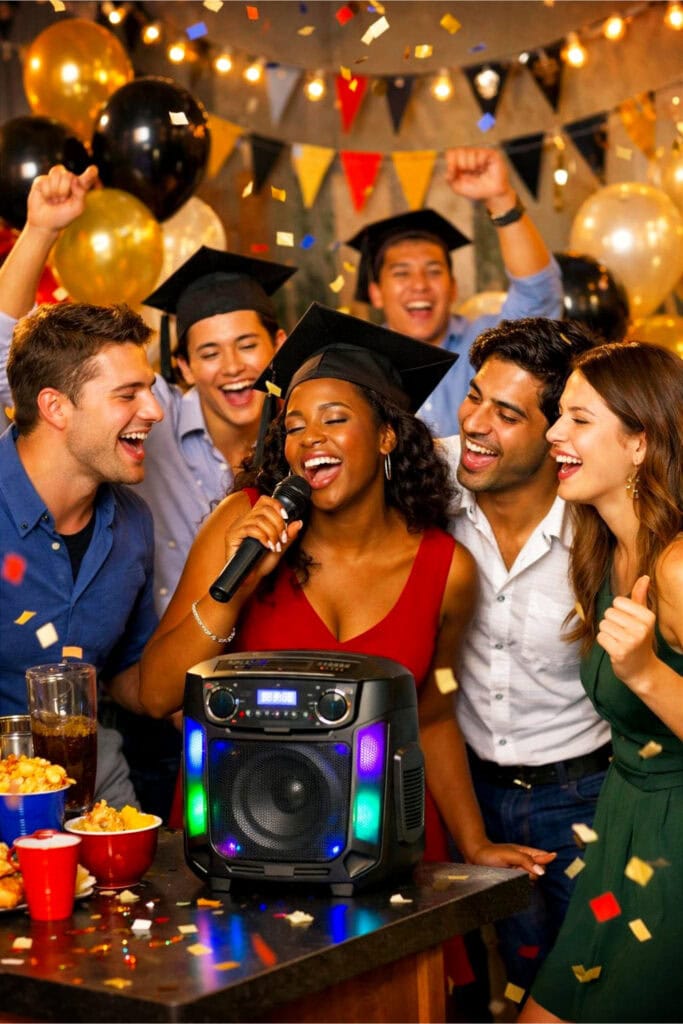 A group of young adults celebrating at a graduation party, singing and dancing around a Bluetooth karaoke machine in a decorated room.