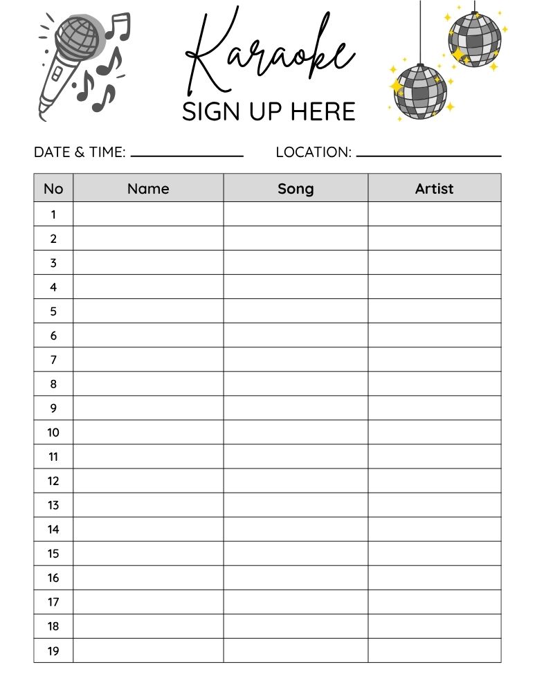 Karaoke Sign Up Sheet 2