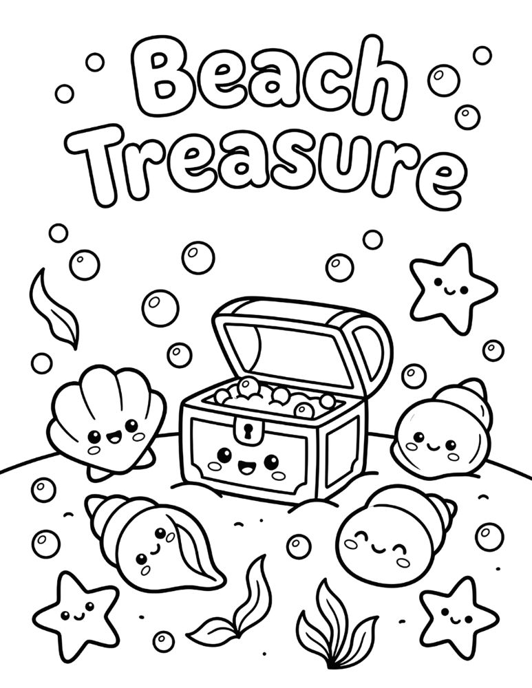 Cute kawaii seashells with happy faces, pearls, starfish, and a tiny treasure chest with Beach Treasure text