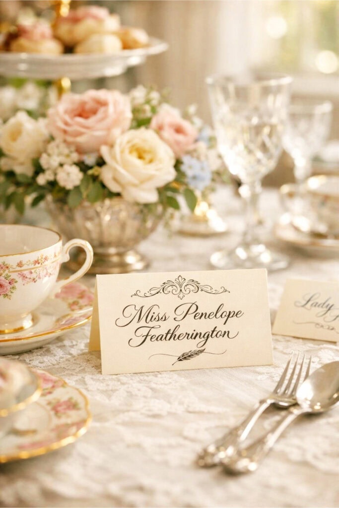 A beautifully set tea party table with elegant place cards, fine china, floral arrangements, and glassware.
