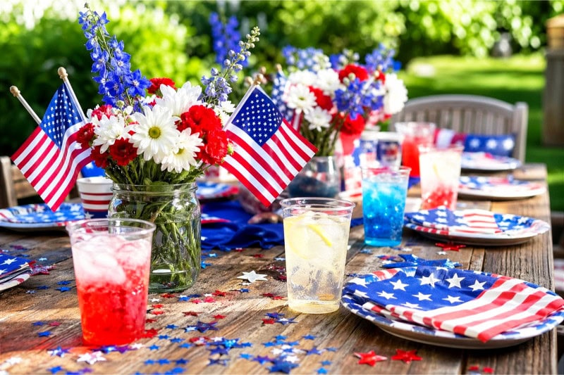 A festive outdoor table decorated with red, white, and blue 4th of July party decorations and drinks.