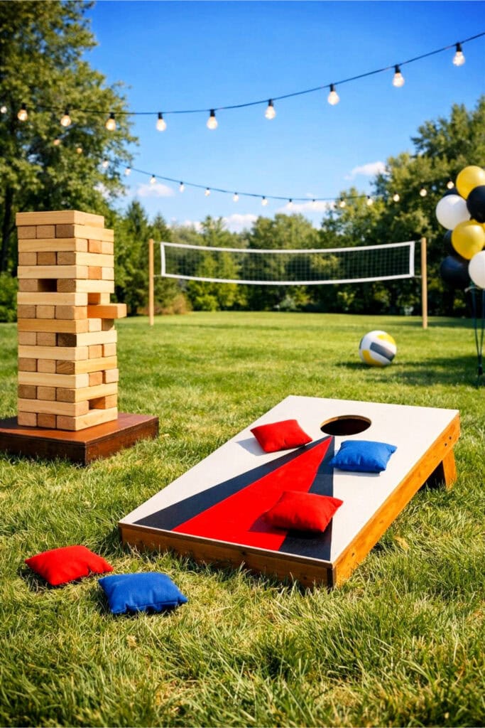 Outdoor lawn setup with cornhole boards, giant Jenga tower, and a volleyball net on green grass during a sunny day.