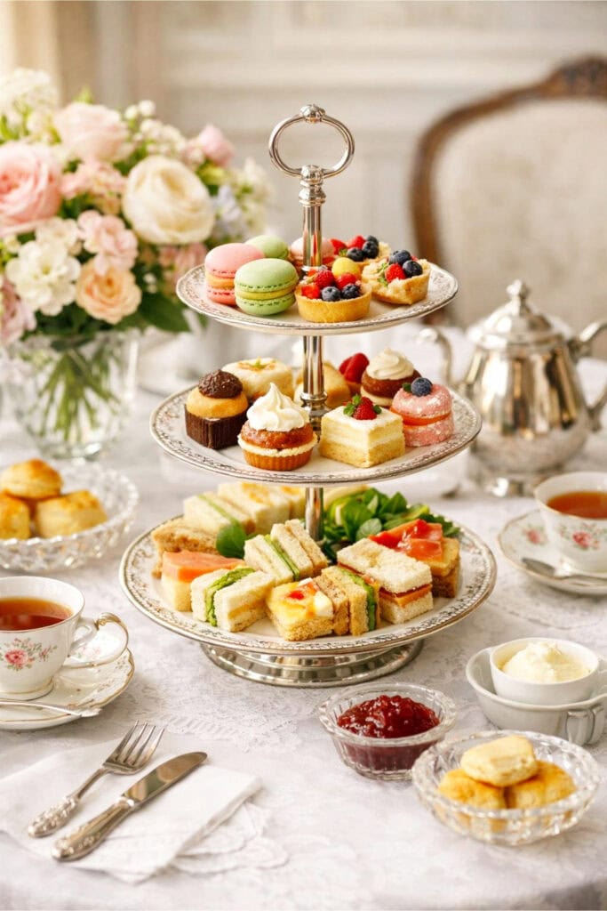 A table set with layered trays holding a variety of sweets and savories for a tea party, surrounded by teacups and fresh flowers.