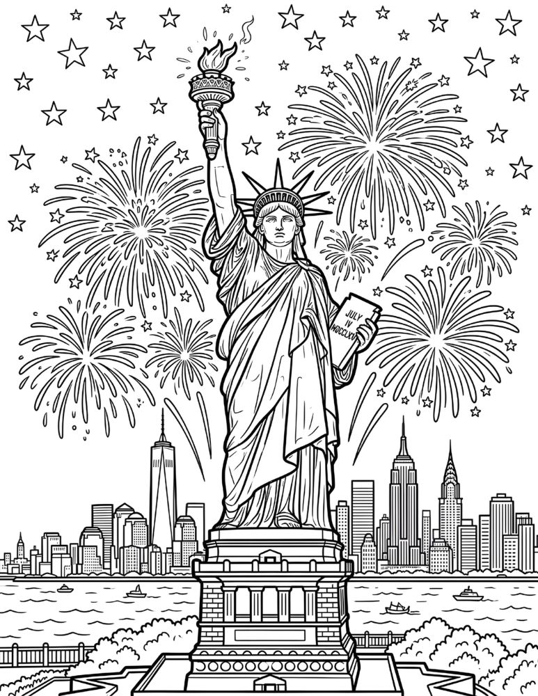 Black and white coloring page featuring the Statue of Liberty with fireworks and stars in the sky.