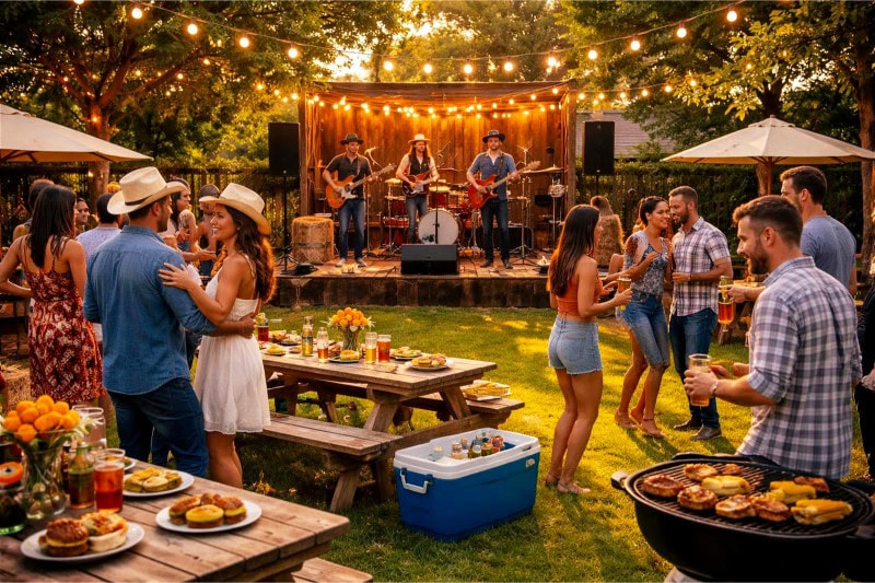 People enjoying a lively backyard party with live music, dancing, and food on a sunny day.
