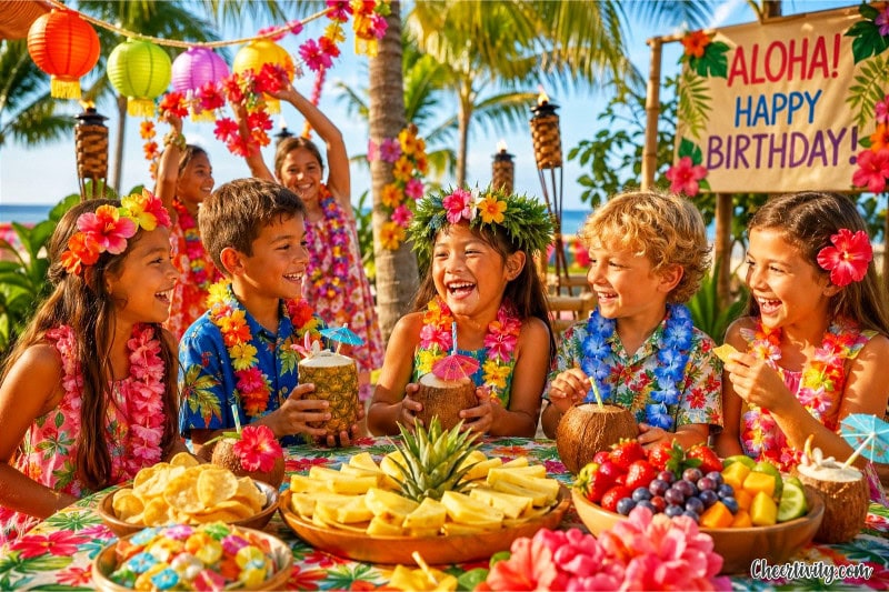 Children wearing leis enjoying tropical snacks at an outdoor summer birthday party with palm trees and festive decorations.