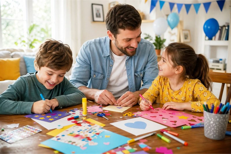 A father and children sitting at a table making handmade crafts together for Father's Day.