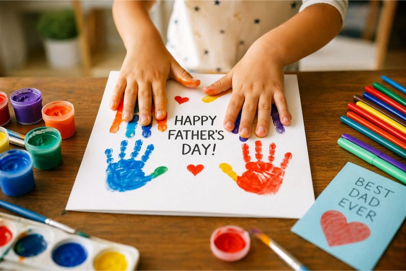A child's hands making colorful handprints on a card with paint and art supplies on a table.