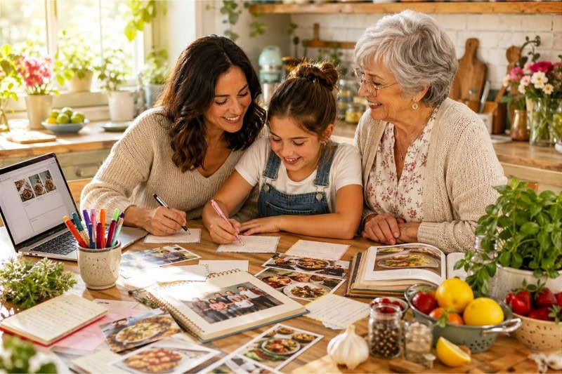 A family gathered around a kitchen table creating a family cookbook with recipe cards and photos.