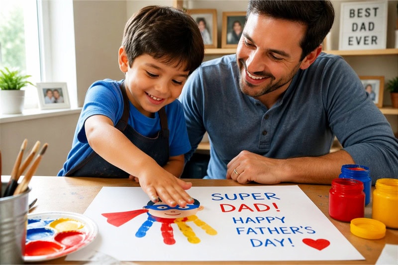 A child and father making a colorful superhero handprint craft together at a table filled with paint and art supplies.