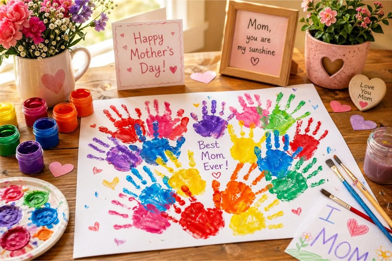 A colorful handprint art at a table with paint and paper. Mother's Day aesthetic