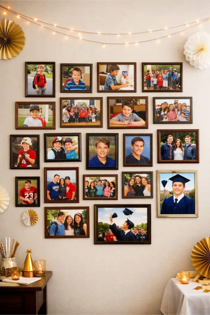 A photo wall displaying framed school-year pictures arranged chronologically, showing children and teenagers from early school years to graduation.