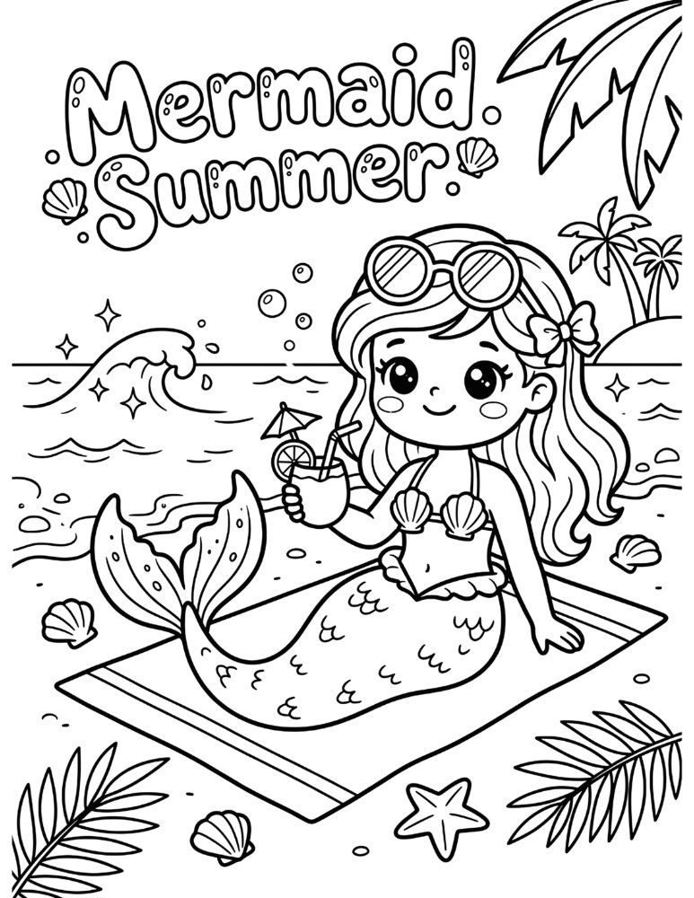 Cute mermaid wearing sunglasses sitting on a beach towel with tropical drink and seashells