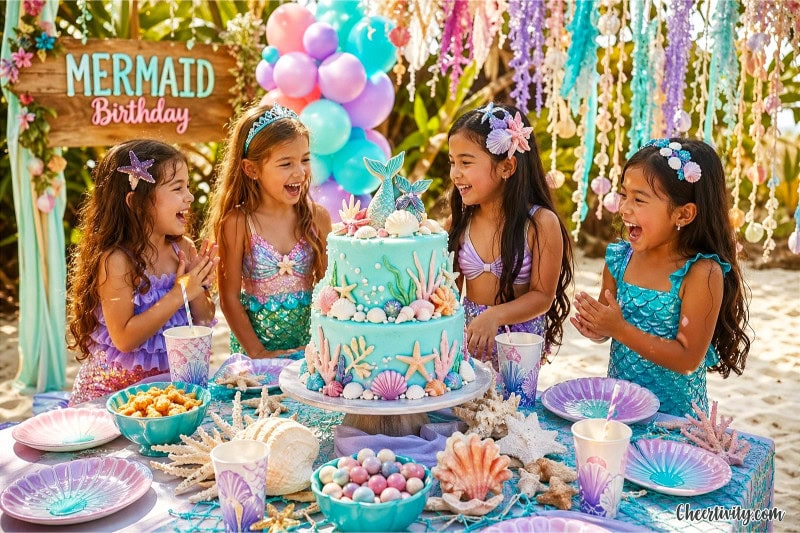 Children dressed as mermaids celebrating a summer birthday party outdoors with shell and ocean-themed decorations.