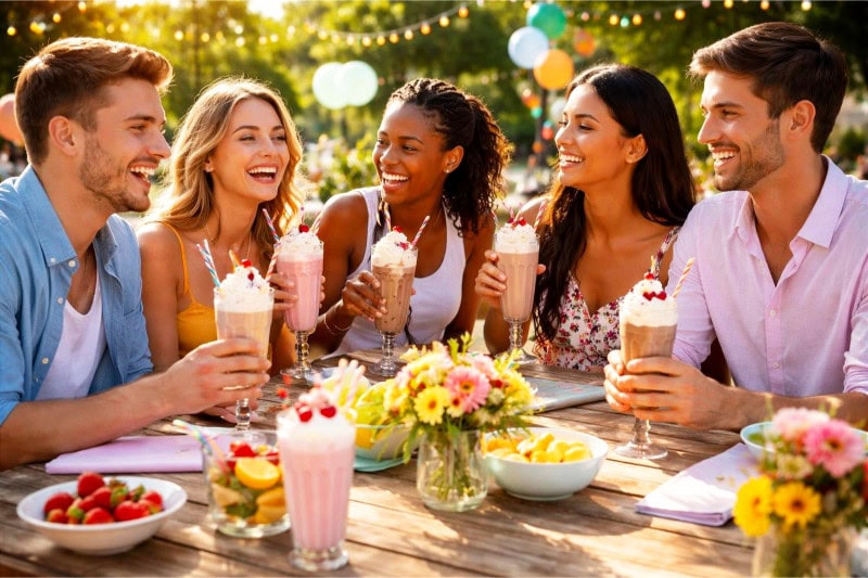 Group of young adults enjoying milkshakes together at an outdoor summer party with decorations and natural sunlight.