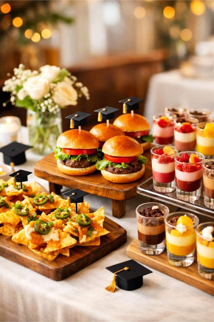 A table with mini food stations displaying nachos, sliders, and dessert shooters arranged for a graduation party.
