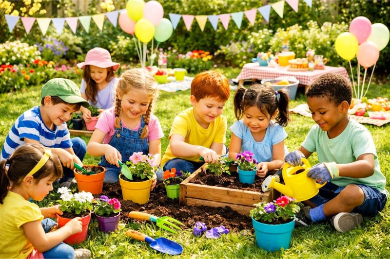 Children planting flowers and seedlings in a sunny garden surrounded by spring decorations and gardening tools.