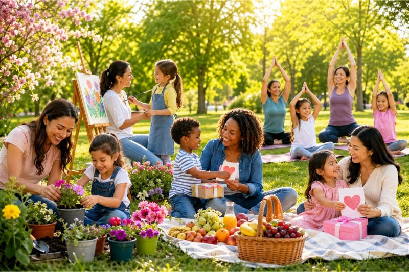 Mothers and children enjoying various outdoor activities together on Mother's Day in a sunny park.