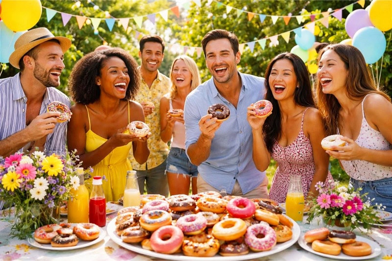 People enjoying a summer outdoor party with a table full of colorful doughnuts surrounded by festive decorations.