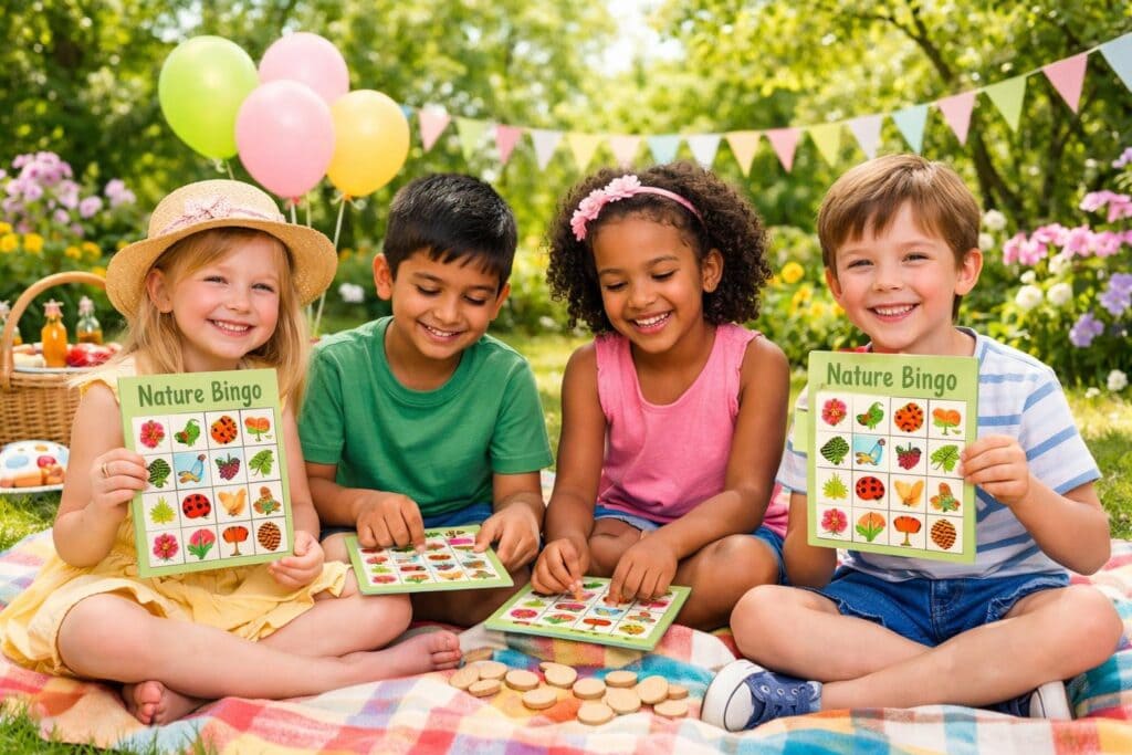 Children playing a nature-themed bingo game outdoors at a spring party with flowers and trees around.
