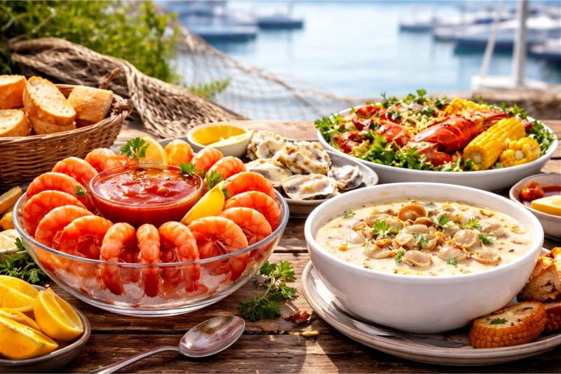 A wooden table outdoors near water with shrimp cocktail, clam chowder, lemon wedges, and bread arranged for a seafood cookout.
