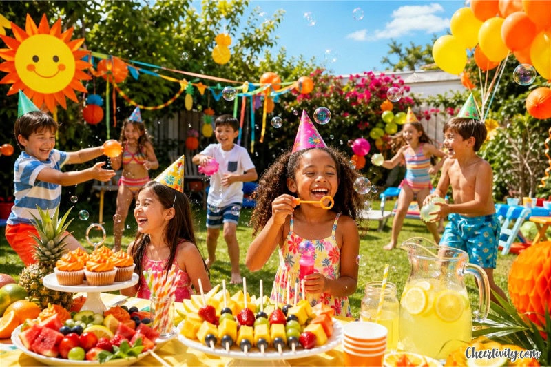 Children enjoying a summer birthday party outdoors with decorations, food, and playful activities.