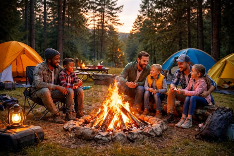 A group of people gathered around a bonfire near tents in a forest clearing during early evening.