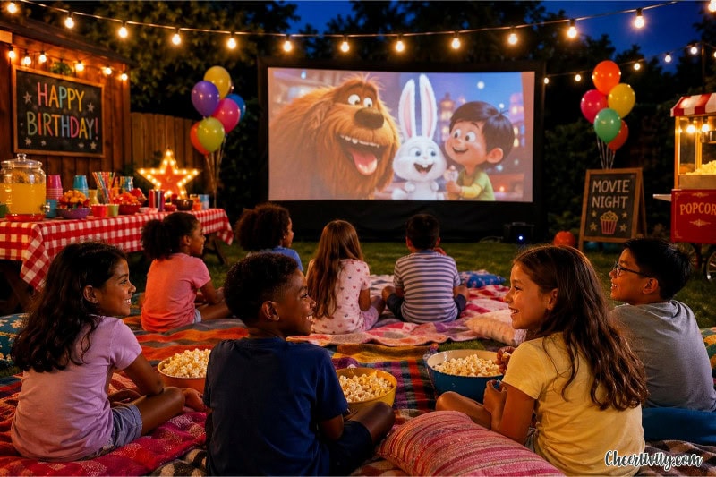 Children sitting on blankets outdoors watching a movie on a large screen with popcorn and string lights overhead.