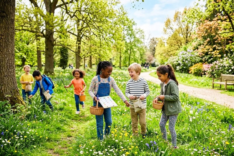 Children participating in an outdoor scavenger hunt in a green park on a sunny spring day.