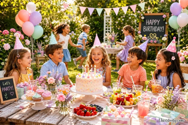 Children celebrating a summer birthday party outdoors at a decorated picnic table in a garden with balloons and flowers.