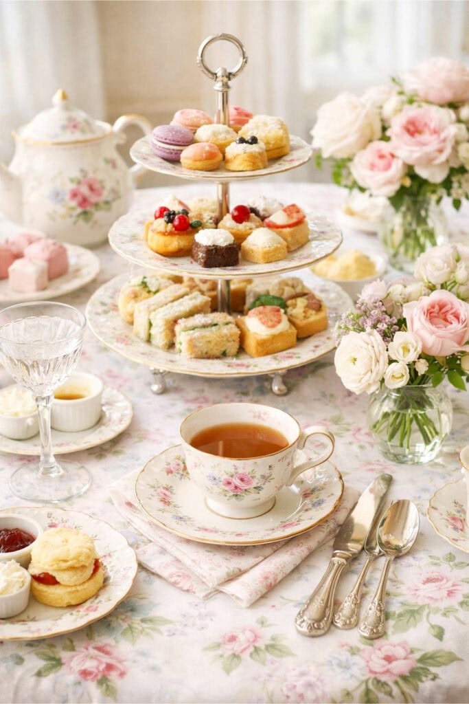A beautifully arranged tea party table with delicate china, floral linens, pastries, and fresh flowers.