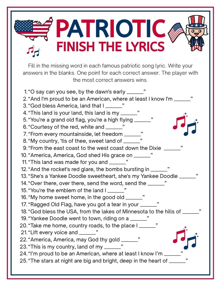 Patriotic Finish the Lyrics Game