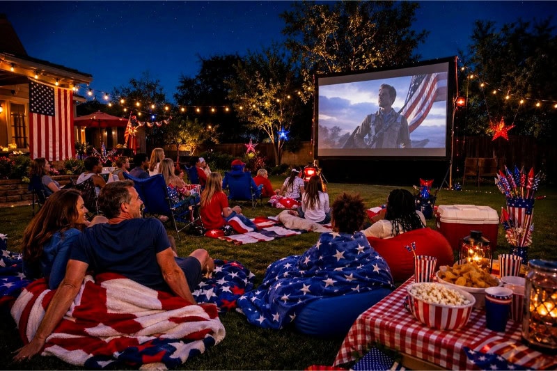 People gathered outdoors in a backyard watching a movie on a large projector screen, surrounded by patriotic decorations and picnic items.