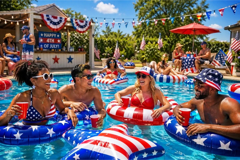 A pool party scene with red, white, and blue patriotic pool floats, people enjoying the sunny day, and festive decorations around the pool. No clutter. 4th of July aesthetic