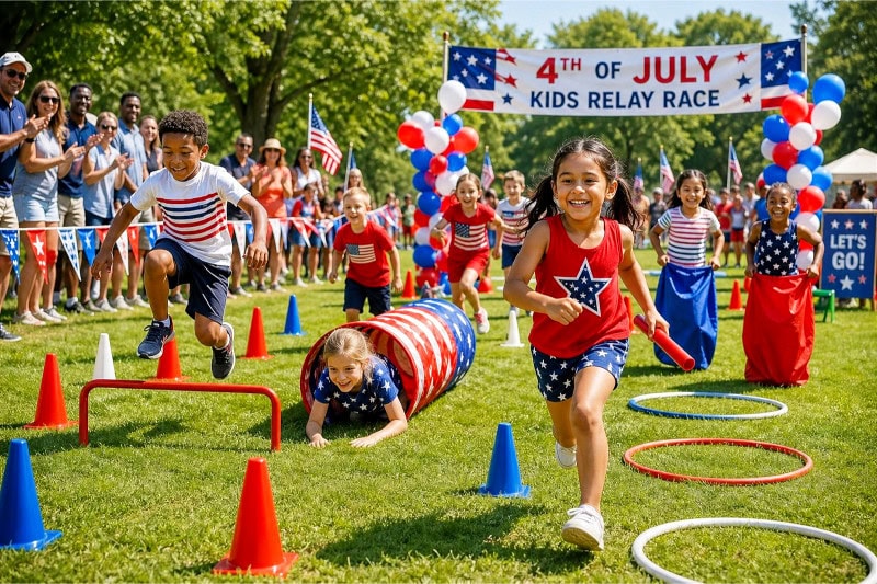 Children participating in a 4th of July relay race obstacle course outdoors with patriotic decorations and adults watching.