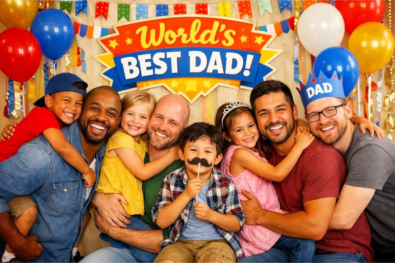 A group of fathers and children smiling and posing together at a decorated photo booth during a Father's Day party. The photo booth backdrop features a banner with the text "World's Best Dad!"