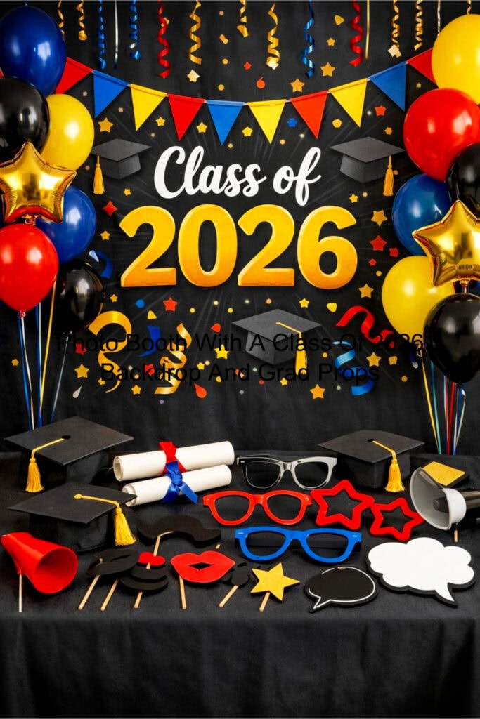 A decorated photo booth setup with a Class of 2026 backdrop and graduation-themed props arranged on a table.