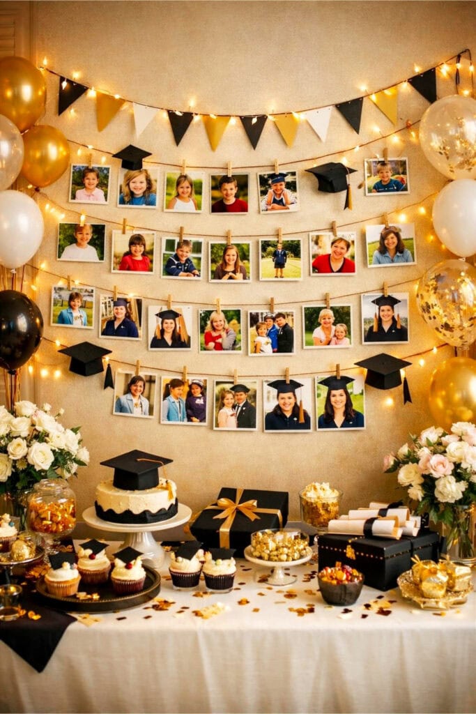 A decorated photo wall timeline displaying pictures of a graduate's life surrounded by graduation party decorations like balloons, lights, and treats.