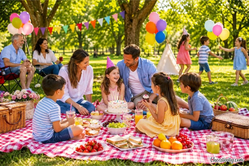 Children and families enjoying a summer birthday picnic on checkered blankets in a sunny park.