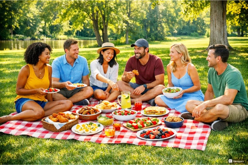 People enjoying a picnic potluck outdoors on a sunny day with food spread on a blanket in a green park.