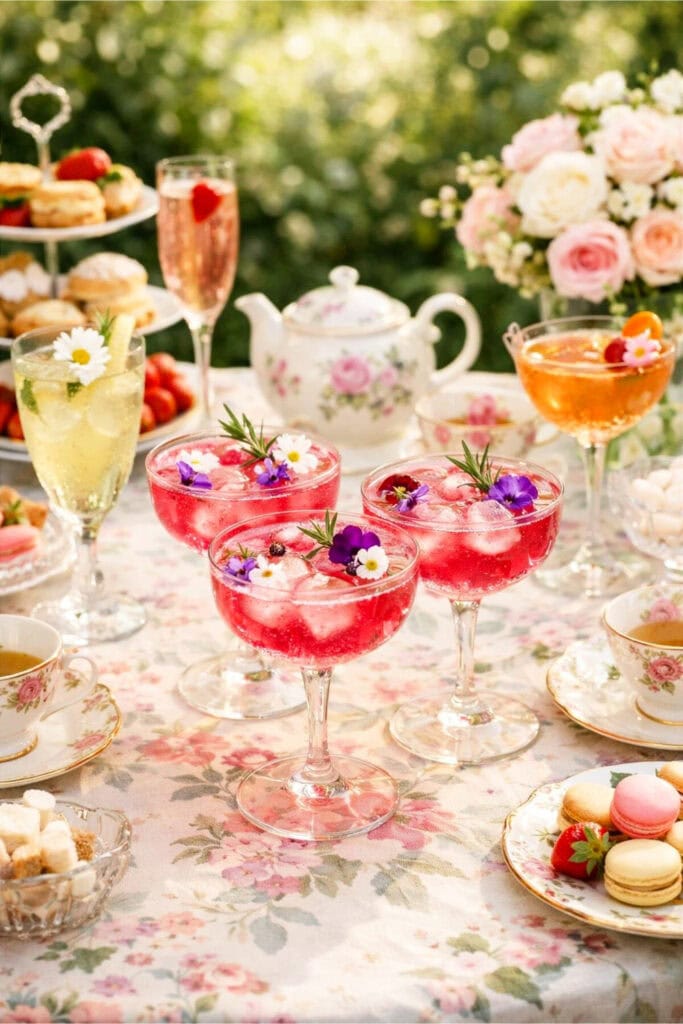 An outdoor tea party table with pink gin and floral cocktails surrounded by vintage teacups and garden greenery.