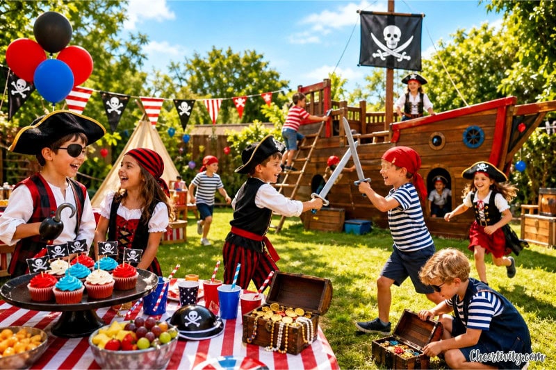 Children in pirate costumes playing and celebrating at an outdoor summer birthday party with pirate decorations and games.