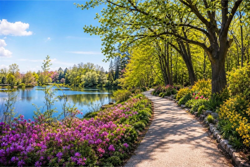 A peaceful walking path surrounded by green trees and colorful flowers beside a calm body of water under a clear sky.