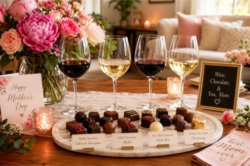 A table set with glasses of red and white wine, a platter of assorted chocolates, and a vase of fresh flowers in a cozy home setting.