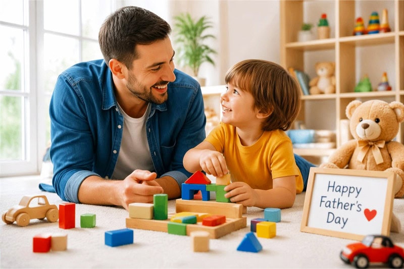 A father and his young child playing together on the floor surrounded by toys in a bright living room.
