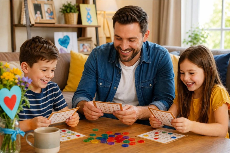 A father and two children happily playing bingo together at a table in a cozy living room.